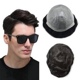 Super Thin Skin Mens Toupee Men's Human Hair System 0.06mm PU Poly V-Looped Toupee for Men 8x10" Human Hair Replacement for Men Black Brown Blonde Gray Hairpieces 90% Light Density-1B# Natural Black