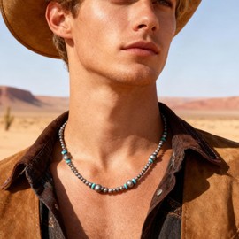 Western Pearl Necklace for Men Turquoise Beaded Choker Necklace Cowboy Country Concert Jewelry Silver Color Bead Necklace for Rodeo Outfits Festival Casual Wear