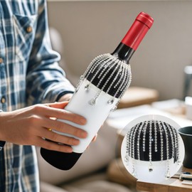 PEARLY JUN Wine Bottle Cover Fringe Wedding Wine Bag Engagement Silver White New Couples Rhinestone Mr and Mrs Marriage Wedding Gifts Bride and Groom Table Decorations