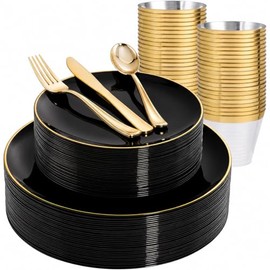 WDF 150PCS Black Plastic Plates - Black and Gold Plates Disposable - 25 Guest Disposable Dinnerware Sets for Party/Wedding/Graduation/Fathers Day Gatherings
