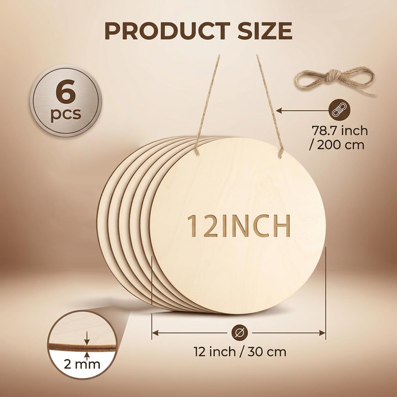 6 Pack Round Wooden Discs, Unfinished Wood Circles for Crafts