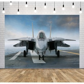 Loccor 7x5ft Fabric Jet Fighter Backdrop Air Combat Fighter on Aircraft Carrier Background Top Gun Backdrp Military Fighter Jet Birthday Party Decorations Air Force Party Supplies Photo Studio Props