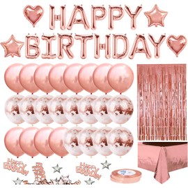 Uandhome Rose Gold Party Decoration Set - Happy Birthday Banner, Fringe Curtain, Foil Tablecloth, Heart Star Confetti Balloons, Table Confetti for Girls and Women