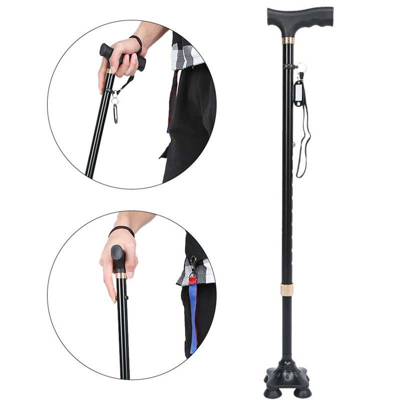 Height Adjustable Aluminum Alloy Cane with T Handle 4-pronged Pivot