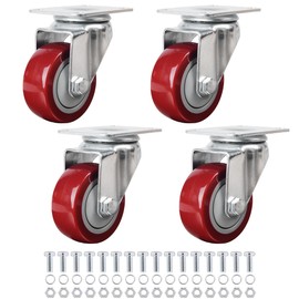 Finnhomy 3 Inch Swivel Casters Wheels Set of 4 Heavy Duty Plate Casters Premium Polyurethane Wheels PU Load Bearing 2,200 Lbs Anti-wear Smooth Casters Red (Free Screws)