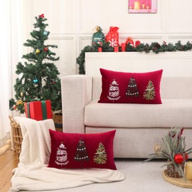 Tosleo Set of 2 Velvet Christmas Cushion Covers, 30 x 50 cm, Winter Red Christmas Tree Decorative Cushion Cover for Sofa, Couch, Bedroom, Living Room