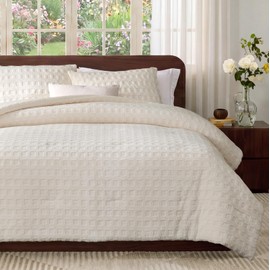 Amélie Home Plush Fleece Comforter Set Queen Size, Cream White Teddy Waffle Textured Comforter Set, Super Warm Fluffy Plush Bedding Set, 3 Pieces,1 Cozy Comforter and 2 Pillowcases
