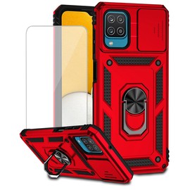 Yodueiv for Galaxy A12 4G/5G/Galaxy M12 SM-A125 Case with Tempered Glass Screen Protector and Slide Camera Cover,Magnetic Ring Car Mount Holder Kickstand Protective Cover for Samsung Galaxy A12 4G Red