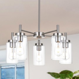 VINLUZ Contemporary 5 Light Large Chandeliers Modern Clear Glass Shades Pendant Lighting Brushed Polished Nickel Dining Room Lighting Fixtures Hanging Adjustable Wire Semi Flush Ceiling Lights