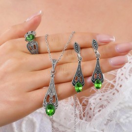 Wendalern Boho Teardrop Necklace Ring Earrings Mixed Set Emerald Tear Dangle Earrings Green Crystal Water Drop Pendant Necklace Imitation Gemstone Band Ring Bridal Jewellery for Women, Zinc, No