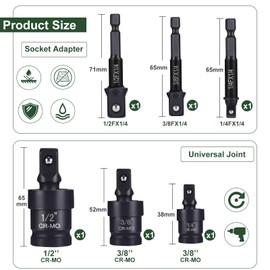 WiMas 6PCS Impact Universal Joint Socket Adapter Set Impact Driver Adapter Reducer Converter Adapter with 3PC Universal Joint Socket and 3PC Drill Adapter, 1/4" 3/8" 1/2" Socket Set