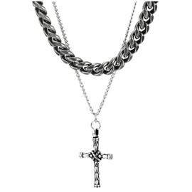 COOLSTEELANDBEYOND Mens Knot Cross Pendant Vintage Snake Scale Pattern, Two-layer Curb Chain Link Chain Necklace Steel