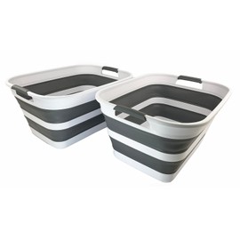 SAMMART 27L (7.1 Gallons) Collapsible Plastic Laundry Basket with Handle-Foldable Pop Up Storage Basket with handle (2, White/Steel Grey)