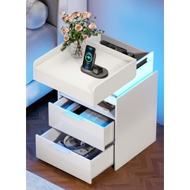 Turosur LED Night Stand with Gun Drawer, Smart Nightstand with Hidden Charging Station, Modern Beside Table with USB and Type-C Port for Bedroom (White)
