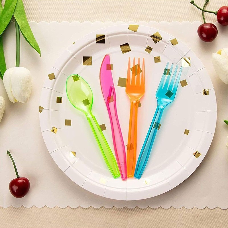 Juvale Rainbow Plastic Silverware Set - Disposable Neon Party Utensils