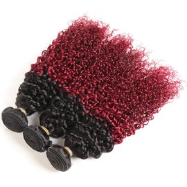 Ombre Burgundy Brazilian Curly Hair 3 Bundles with Closure, Dark Red Two Tone Curly Weave Human Hair Extensions, 99j Afro Kinki Curl Hair Weaving (18"20"22"+Closure16")