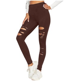 Ripped Warrior Legging for Women - High Waist Tummy Control Yoga Pants Workout Athletic Pants Brown