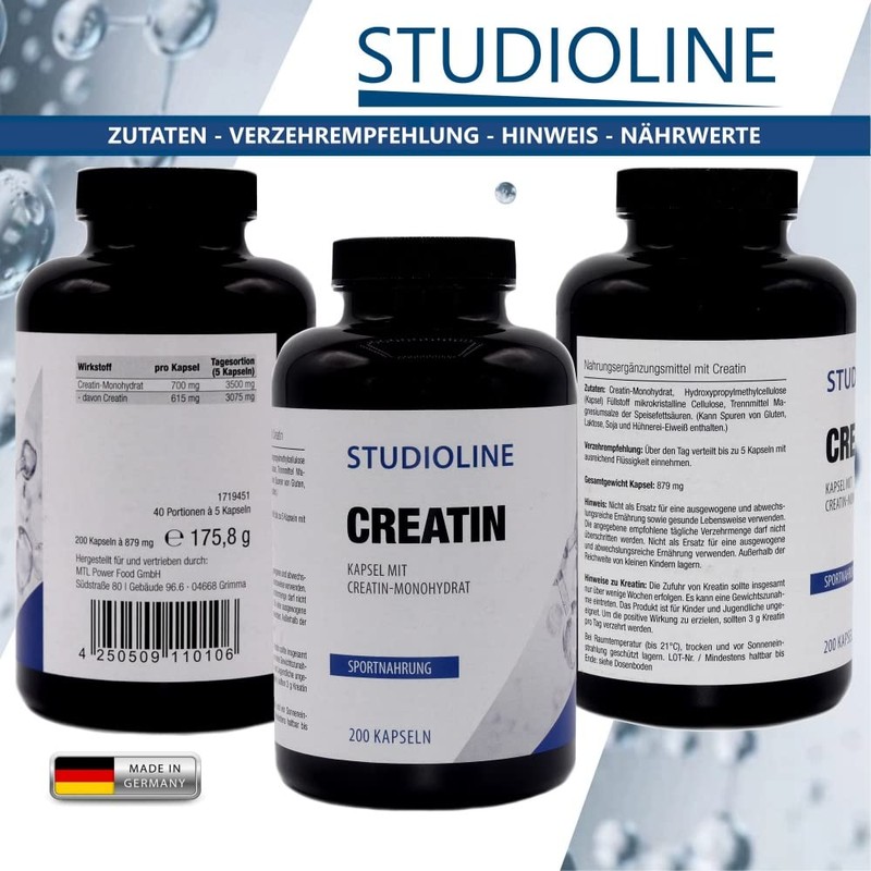 STUDIOLINE Creatine Monohydrate | 200 Capsules | Highest Dosage 3500