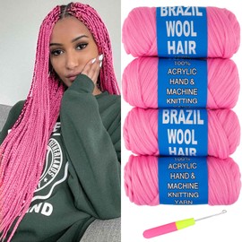 RuiYok 4Pcs Pink Brazilian Wool Hair for Braids Acrylic Hand Knitting Yarn for Hair Braiding Hair Extension Crochet Braid Senegalese Twisting Jumbo Braids Faux Locs(#Pink)