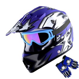1Storm Youth Motocross Helmet BMX MX ATV Dirt Bike Helmet Matt Star Blue + Goggles + MG Youth Blue Glove Bundle
