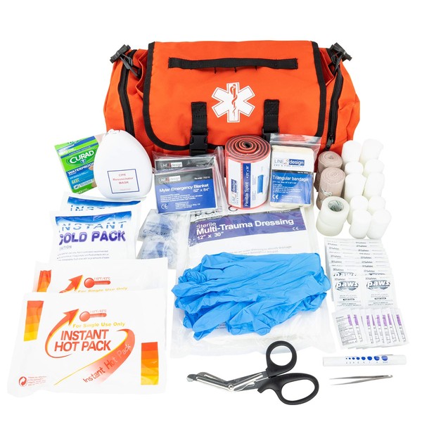 LINE2design Emergency Fire First Responder Kit - Fully Stocked First Aid Rescue Trauma Bag - EMS EMT Paramedic Complete Lifeguard Medical Supplies for Natural Disasters - Orange