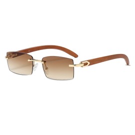 LumiSyne Square Rimless Sunglasses, Men's, Women's, Wooden Frame, Clear, Gradient Lens, Ultra Small Frame, UV400 Protection, Anti-Glare, Retro, Rectangular Glasses, light brown / gold