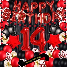 Red 14TH Birthday Party Decorations Supplies Red theme 16inch Red Foil Happy Birthday Balloons Banner Happy Birthday sash Foil Black Curtains Foil Balloons Number Red 14 Risehy