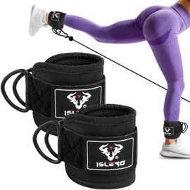 Islero PAIR of Double D Ring Ankle Cuffs Weight Lifting Leg Workout Pulley Cable Machines attachment Hook Gym Straps Neoprene padded support wraps Bodybuilding SOLD AS PAIR (Matte Black)