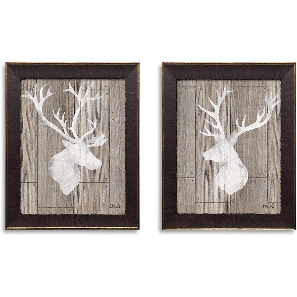 Beautiful Contemporary Deer and Elk Silhouettes on a Faux Wood Style Background; Lodge Decor; Two 11x14in Gold Trim Brown Framed Prints, Ready to Hang! Brown/White