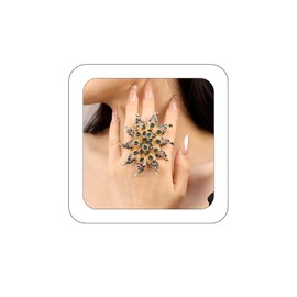 Yheahin Elegant Big Crystal Flowers Ring for Women Gold Rhinestone Floral Rings Open Finger Adjustable Crystal Flower Statement Ring Jewelry for Bridal Wedding (Flower 2 - grey)