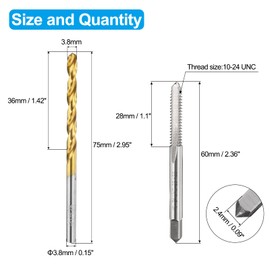 sourcing map Tap and Drill Bit Set, 1pcs 10-24 UNC Straight Flute Thread Screw Taps & 1pcs 3.8mm Twist Drill Bits, Uncoated/Titanium Coated HSS-6542 Tapping Threading Tool Kit