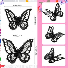 20 parches de mariposa de 2 tamaños con encaje de mariposa, bordado de doble capa, mariposa, organza para boda, vestido de novia, costura, manualidades, ropa, pelo (negro)