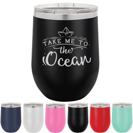 Griffco Supply Take Me To The Ocean 12 ounce stainless steel vacuum wine tumbler with lid - Vacuum Insulated Summer Beach Wine Tumblers (Black)