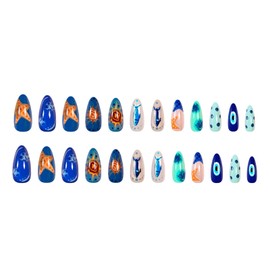 Almond Press on Nails Medium Fake Nails with Designs Starfish Stick on Nail Blue Ocean Acrylic False Nail Glossy Artificial Nail Full Cover Glue on Nails for Women 24Pcs