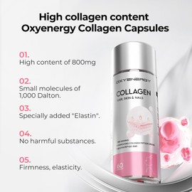 OXYENERGY Collagen Peptides Capsules for Women, 800mg Hydrolyzed Collagen(Types I) Supplements with Elastin Peptides, 60 Collagen Pills to Promotes Hair, Nail, Skin, Colágeno en Capsulas