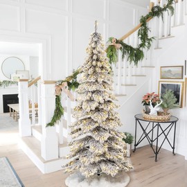 Glitzhome 7.5ft Pre-Lit Flocked Layered Spruce Artificial Christmas Tree, Large Xmas Elegant Snowfall Spruce Tree with 350 Warm White Lights for Holiday Decorations