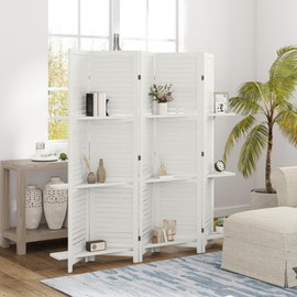 HOMCOM Room Divider, 5 Panel 67" Tall Wood Privacy Screen with 3 Display Shelves, and Folding Storage for Bedroom or Home Office, White