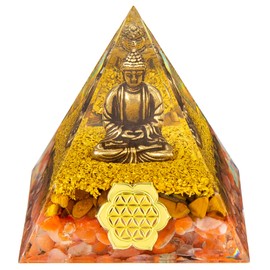 FENGSHUI-CAISHEN Little Buddha Statue in Healing Crystal Organite Pyramid - Red Jasper, Tiger's Eye with Baby Buddha Figurine, Reiki Chakra Meditation Buddha Decor