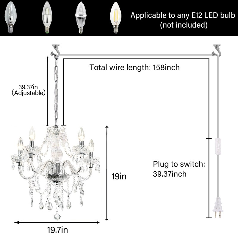 PAPAYA Plug-in 5 Light Crystal Hanging Pendant Lights Acrylic Chandelier