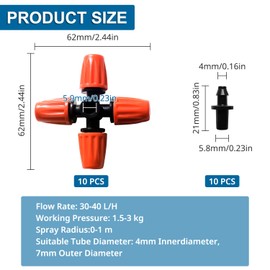 VooGenzek 10 PCS 4-Way Atomizing Nozzle, Plastic Cross Irrigation Nozzle, Gardening Greenhouse Atomizing Micro Nozzle, Cross Irrigation Sprinkler Nozzle with Barbed Connector, for Garden, Orange