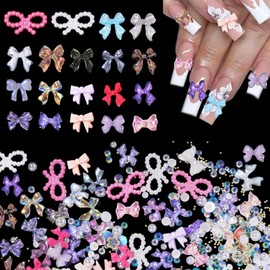300Pcs Variety Bows Charms for Nails Colorful Pink White Bow Cute Nail Charms Mixed Resin Rhinestones Gold Silver Balls Pearls Bow Nail Gems Charms for Manicure DIY Crafts Accessories