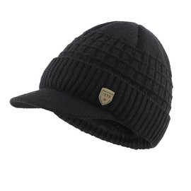 LLmoway Men Women Winter Knit Hat with Visor Warm Cuff Beanie Fleece Lined Snow Ski Skull Cap Black