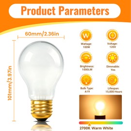 Blakapoo 100 Watt Incandescent Light Bulbs, A19 100W Frosted Light Bulbs, 2700K Warm White, E26 Medium Base, Dimmable, 2 Pack