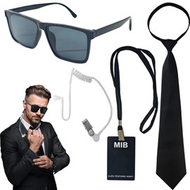 DONGZQAN Men in Black Costume, Agent Costume Accessories, Security Costume, Secret Service Costume Set, Spy Costume Accessory with Black Sunglasses/Tie Card Holder, black