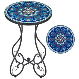 VONLUCE Outdoor Side Table and Mosaic Plant Stand, 21" Round End Table with 14" Ceramic Tile Top for Patio Porch Decor, Indoor & Outdoor Accent Table, Small Coffee Table for Home and Garden, Peacock