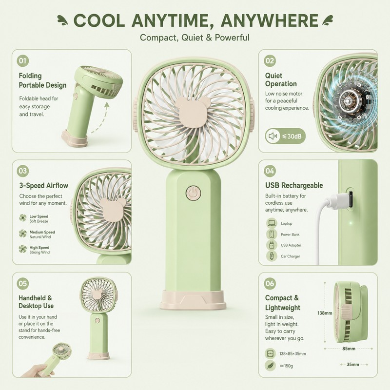 Portable Handheld Fan for Personal Cooling – USB Rechargeable Folding