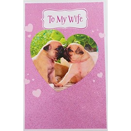 To My Wife - Happy Birthday with Love Greeting Card "The woman who puts the WOW in my bow-wow!" w/Kissing Pug Dogs from Husband