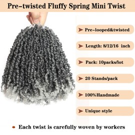 10 Packs Yanky Twist Crochet Hair 8 Inch Pre-twisted Natural Black Kinky Mini Spring Twist Small Curly Senegalese Twist Braids Yankee Twist (TGray((Ombre Gray), 8 Inch (Pack of 10))