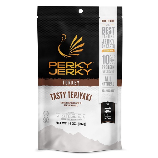 Perky Jerky Tasty Teriyaki Turkey Jerky, 14oz - Low Sodium - 10g Protein per Serving - Low Fat - 100% U.S. Sourced - Tender Texture and Bold Flavor