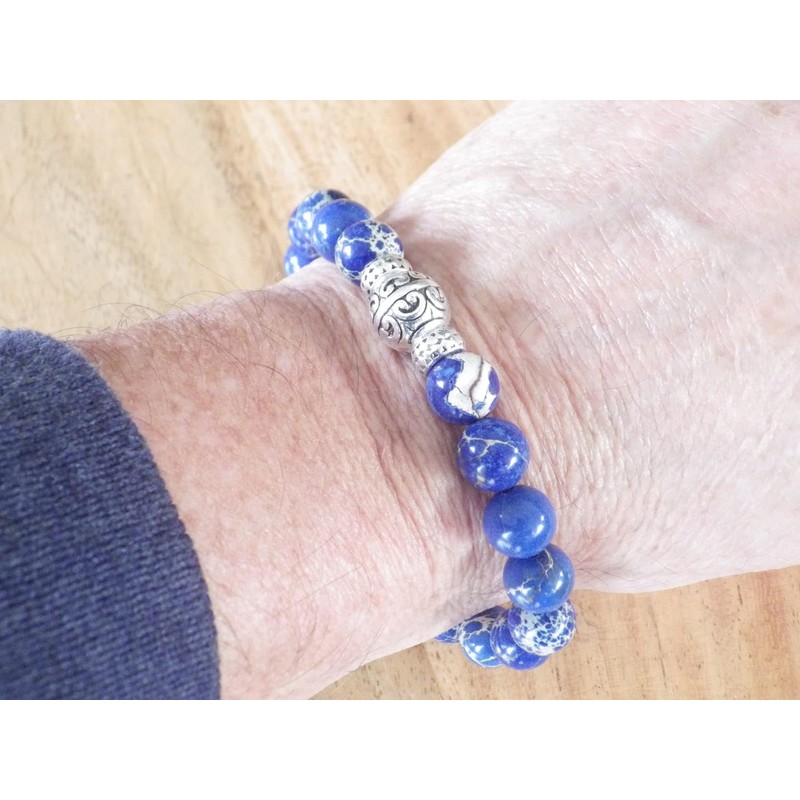 Ethnic bracelet for men in blue imperial jasper beads and